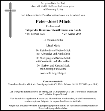 Anzeige von Peter-Josef Mück von Kölner Stadt-Anzeiger / Kölnische Rundschau / Express
