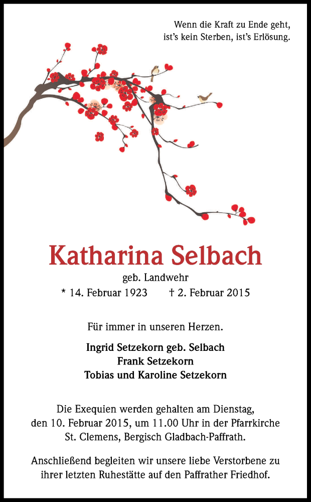  Traueranzeige für Katharina Selbach vom 05.02.2015 aus Kölner Stadt-Anzeiger / Kölnische Rundschau / Express