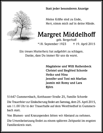 Anzeige von Margret Middelhoff von Kölner Stadt-Anzeiger / Kölnische Rundschau / Express