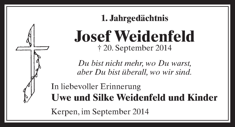  Traueranzeige für Josef Weidenfeld vom 30.09.2015 aus  Werbepost 