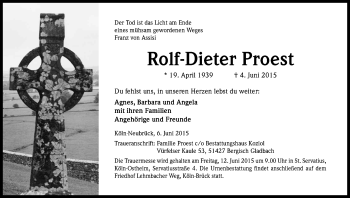 Anzeige von Rolf-Dieter Proest von Kölner Stadt-Anzeiger / Kölnische Rundschau / Express