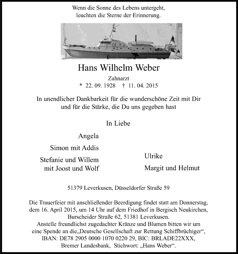  Traueranzeige für Hans Wilhelm Weber vom 14.04.2015 aus Kölner Stadt-Anzeiger / Kölnische Rundschau / Express