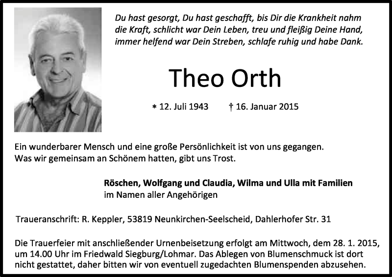  Traueranzeige für Theo Orth vom 24.01.2015 aus Kölner Stadt-Anzeiger / Kölnische Rundschau / Express