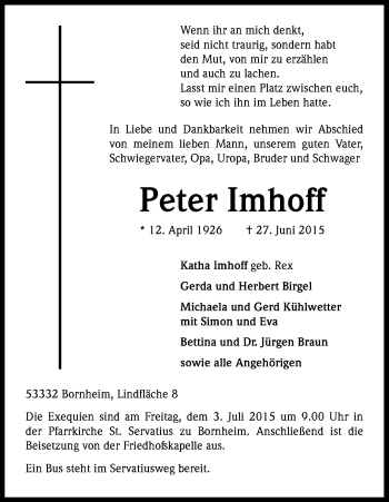 Anzeige von Peter Imhoff von Kölner Stadt-Anzeiger / Kölnische Rundschau / Express