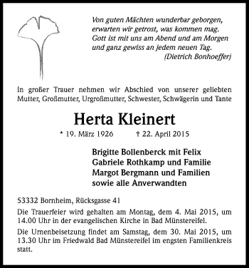 Anzeige von Herta Kleinert von Kölner Stadt-Anzeiger / Kölnische Rundschau / Express
