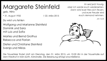 Anzeige von Margarete Steinfeld von  Kölner Wochenspiegel 