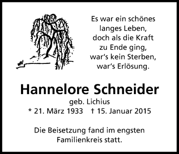 Anzeige von Hannelore Schneider von Kölner Stadt-Anzeiger / Kölnische Rundschau / Express