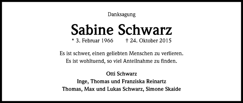  Traueranzeige für Sabine Schwarz vom 14.11.2015 aus Köln - Wir Trauern