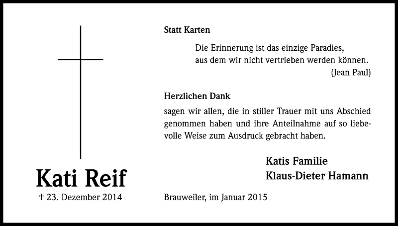  Traueranzeige für Kati Reif vom 31.01.2015 aus Kölner Stadt-Anzeiger / Kölnische Rundschau / Express