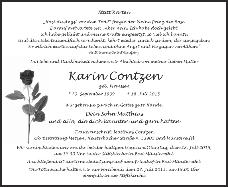  Traueranzeige für Karin Contzen vom 26.07.2015 aus  Blickpunkt Euskirchen 