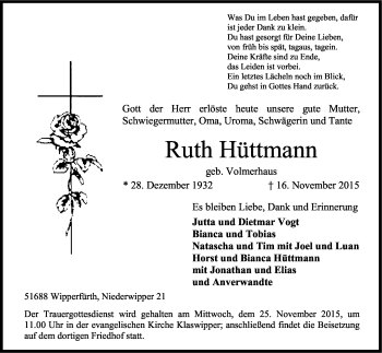 Anzeige von Ruth Hüttmann von Kölner Stadt-Anzeiger / Kölnische Rundschau / Express