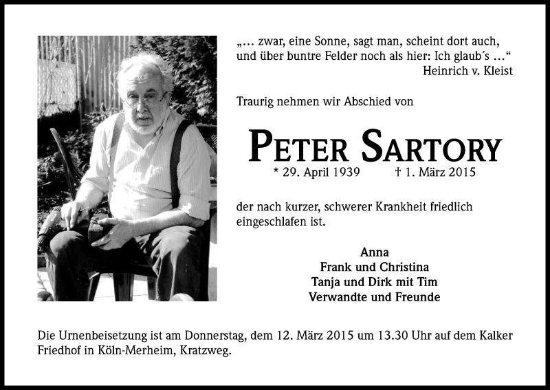  Traueranzeige für Peter Sartory vom 07.03.2015 aus Kölner Stadt-Anzeiger / Kölnische Rundschau / Express