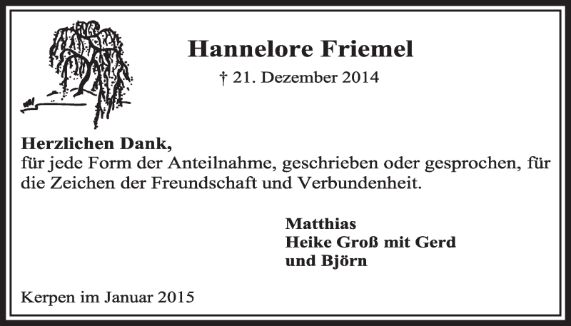  Traueranzeige für Hannelore Friemel vom 31.01.2015 aus  Sonntags-Post 