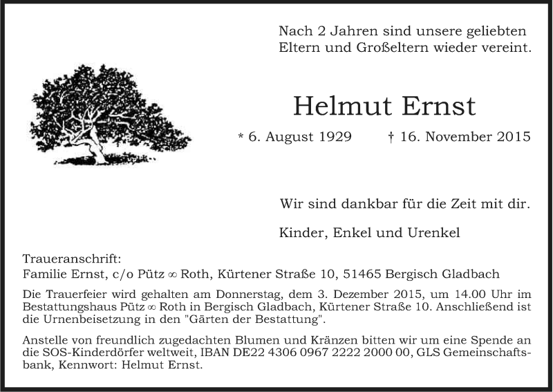  Traueranzeige für Helmut Ernst vom 21.11.2015 aus Kölner Stadt-Anzeiger / Kölnische Rundschau / Express