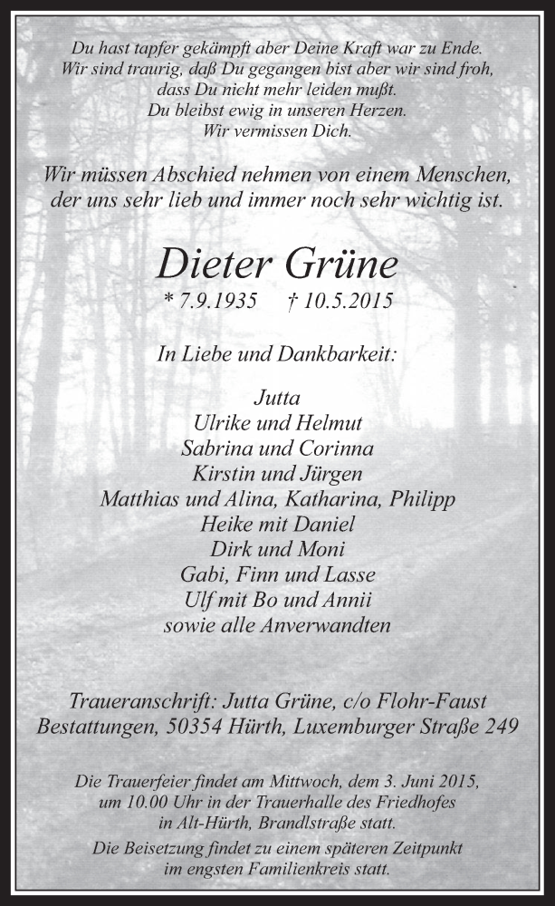  Traueranzeige für Dieter Grüne vom 27.05.2015 aus  Wochenende 