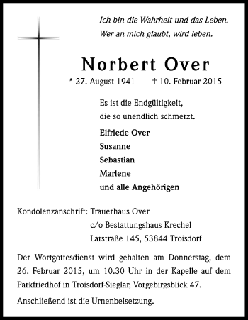 Anzeige von Norbert Over von Kölner Stadt-Anzeiger / Kölnische Rundschau / Express