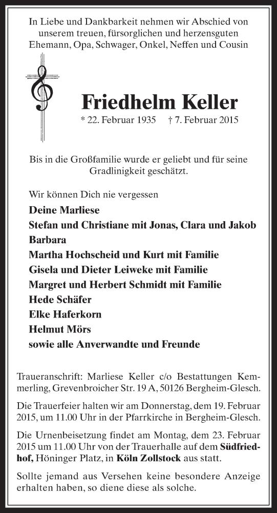  Traueranzeige für Friedhelm Keller vom 18.02.2015 aus  Werbepost 
