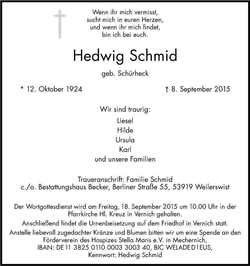  Traueranzeige für Hedwig Schmid vom 12.09.2015 aus Kölner Stadt-Anzeiger / Kölnische Rundschau / Express