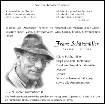 Anzeige von Franz Schätzmüller von Kölner Stadt-Anzeiger / Kölnische Rundschau / Express