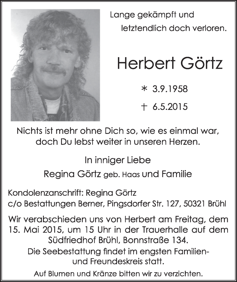  Traueranzeige für Herbert Görtz vom 13.05.2015 aus  Schlossbote/Werbekurier 