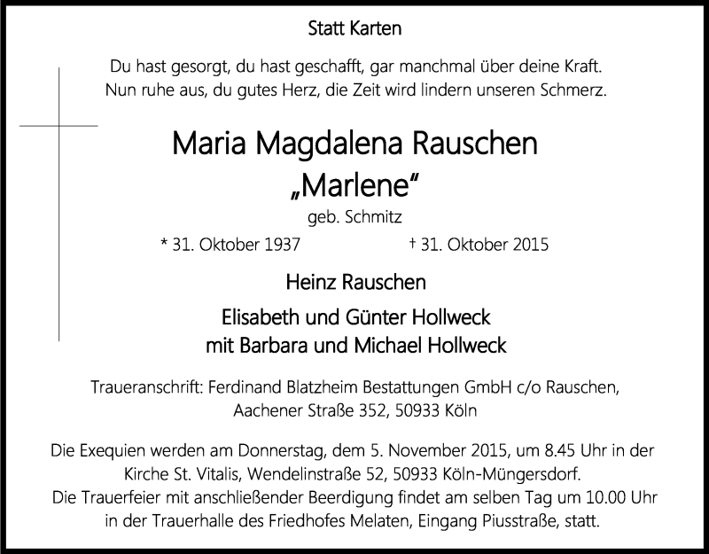  Traueranzeige für Maria Magdalena Rauschen vom 04.11.2015 aus Kölner Stadt-Anzeiger / Kölnische Rundschau / Express
