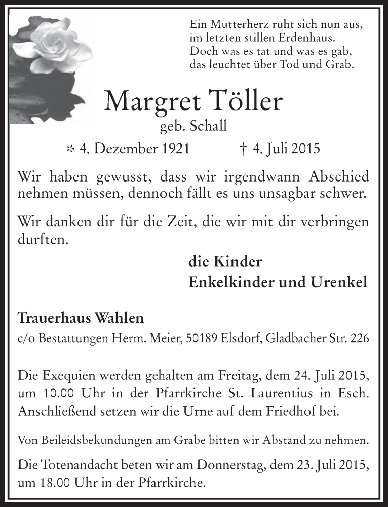  Traueranzeige für Margret Töller vom 22.07.2015 aus  Werbepost 