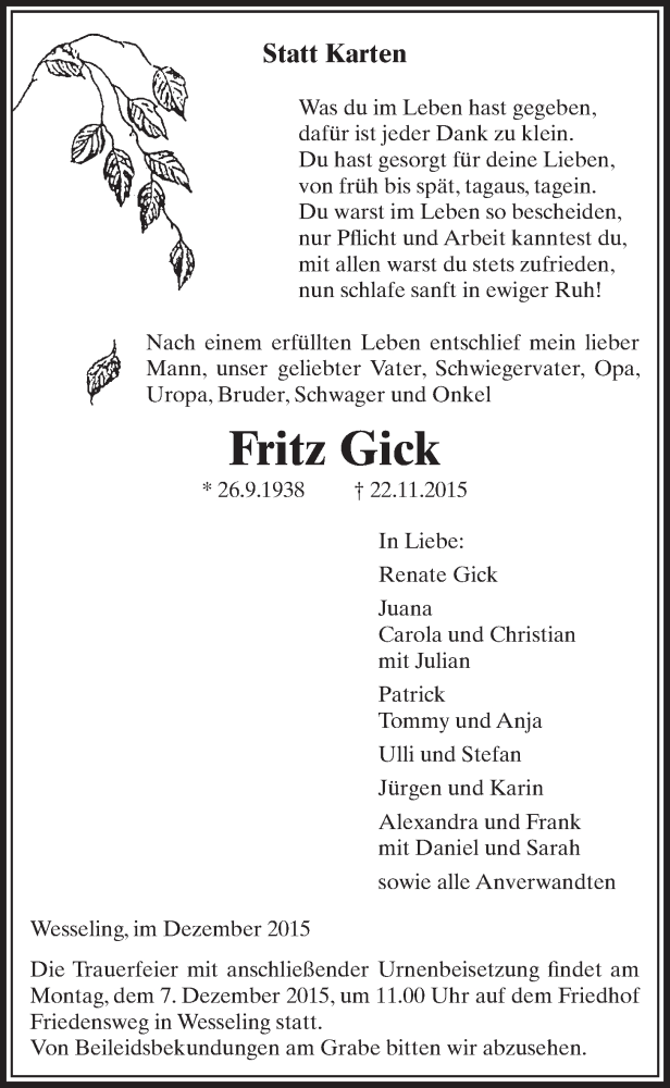  Traueranzeige für Fritz Gick vom 02.12.2015 aus  Schlossbote/Werbekurier 