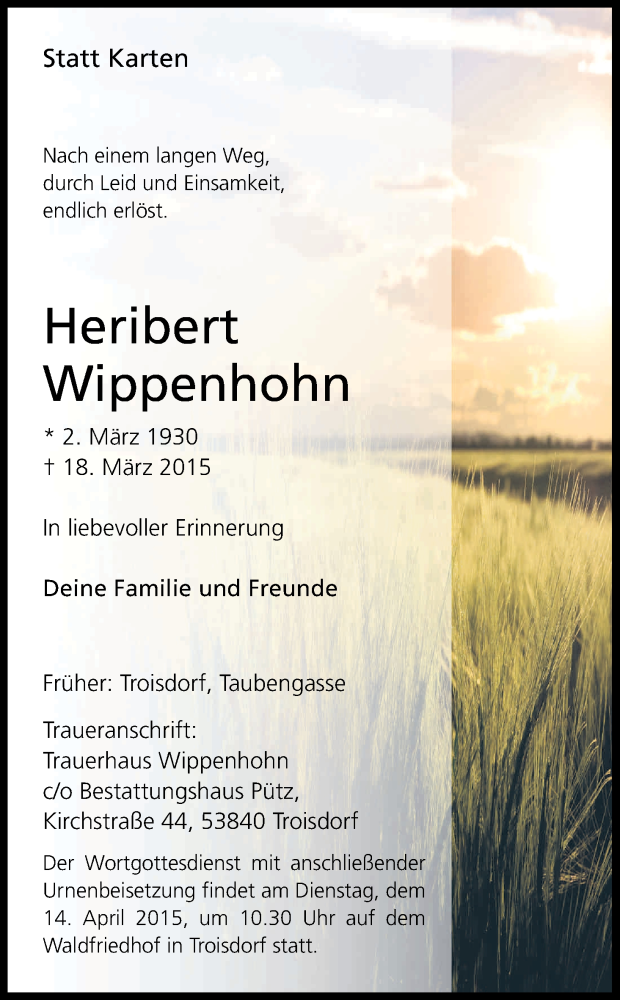 Traueranzeige für Heribert Wippenhohn vom 28.03.2015 aus Kölner Stadt-Anzeiger / Kölnische Rundschau / Express