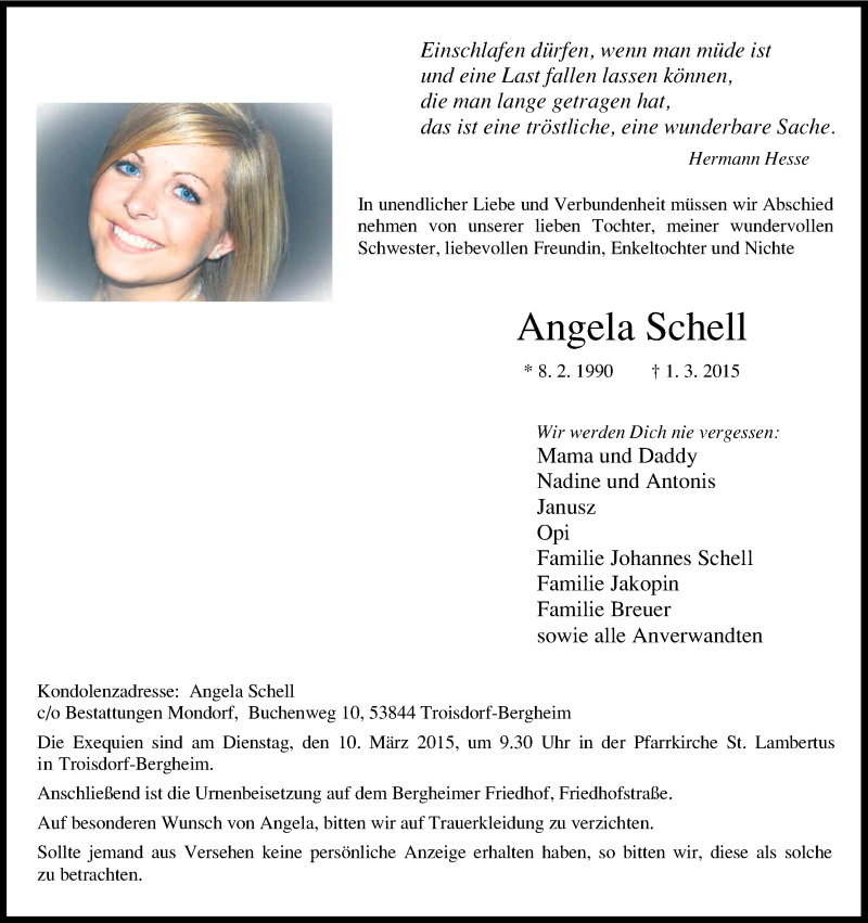  Traueranzeige für Angela Schell vom 07.03.2015 aus Kölner Stadt-Anzeiger / Kölnische Rundschau / Express
