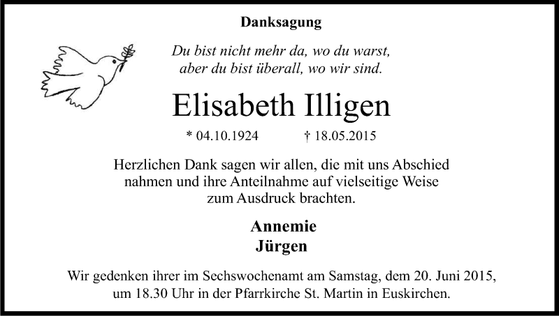  Traueranzeige für Elisabeth Illigen vom 17.06.2015 aus Kölner Stadt-Anzeiger / Kölnische Rundschau / Express