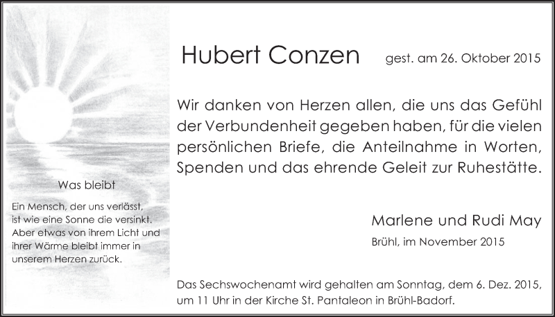 Traueranzeige für Hubert Conzen vom 25.11.2015 aus  Schlossbote/Werbekurier 