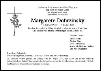 Anzeige von Margarete Dobrzinsky von Kölner Stadt-Anzeiger / Kölnische Rundschau / Express