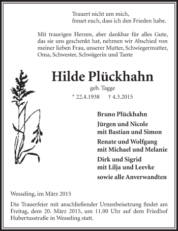 Anzeige von Hilde Plückhahn von  Schlossbote/Werbekurier 