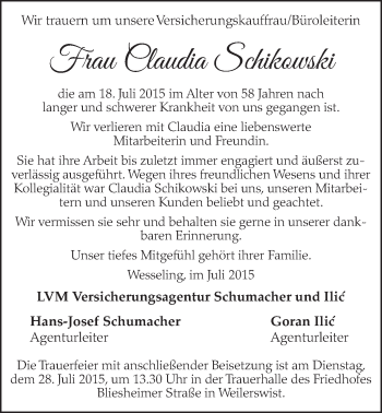Anzeige von Claudia Schikowski von  Schlossbote/Werbekurier 