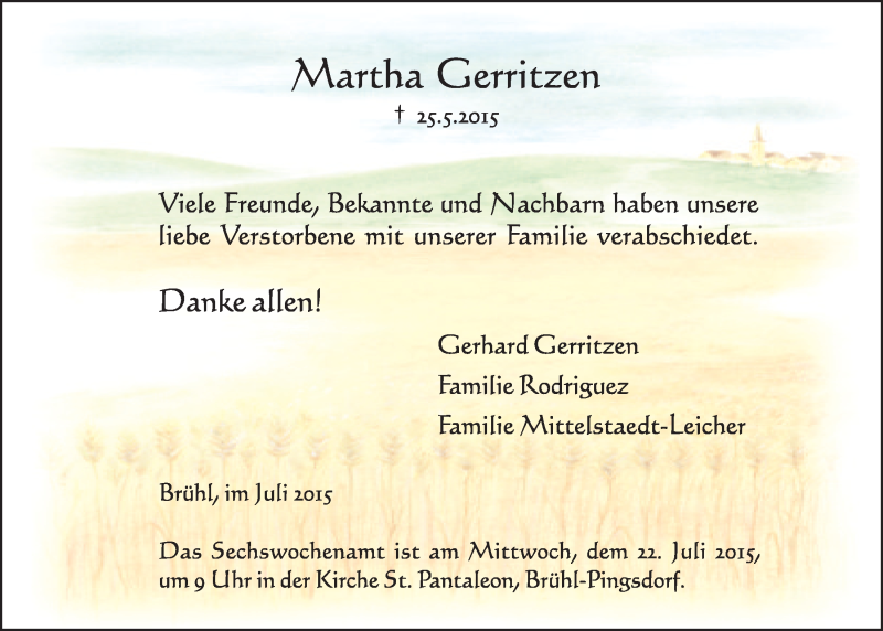  Traueranzeige für Martha Gerritzen vom 08.07.2015 aus  Schlossbote/Werbekurier 