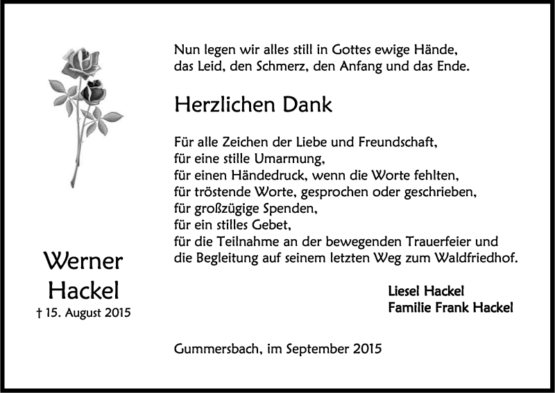  Traueranzeige für Werner Hackel vom 22.09.2015 aus Kölner Stadt-Anzeiger / Kölnische Rundschau / Express