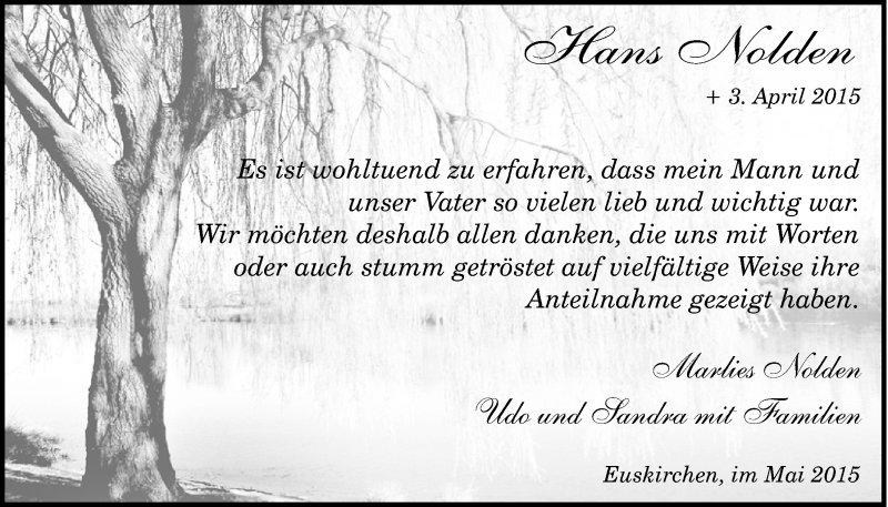  Traueranzeige für Hans Nolden vom 03.05.2015 aus  Blickpunkt Euskirchen 