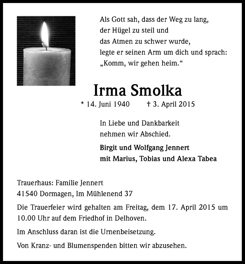  Traueranzeige für Irma Smolka vom 10.04.2015 aus Kölner Stadt-Anzeiger / Kölnische Rundschau / Express