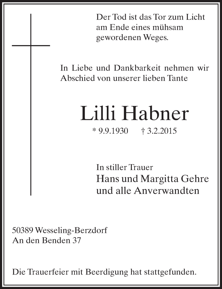  Traueranzeige für Lilli Habner vom 11.02.2015 aus  Schlossbote/Werbekurier 