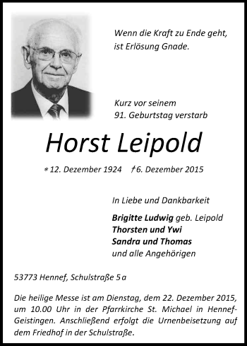 Anzeige von Horst Leipold von Kölner Stadt-Anzeiger / Kölnische Rundschau / Express