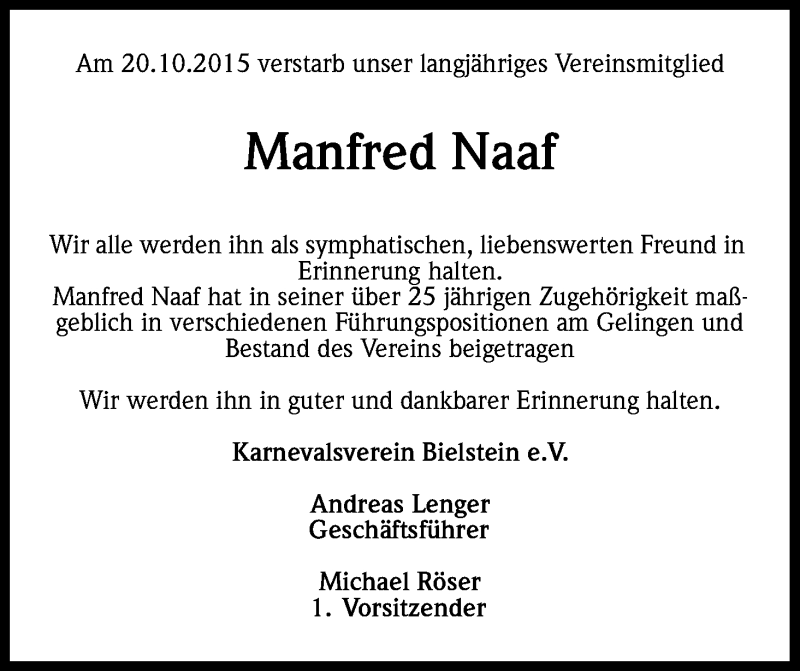  Traueranzeige für Manfred Naaf vom 29.10.2015 aus Kölner Stadt-Anzeiger / Kölnische Rundschau / Express