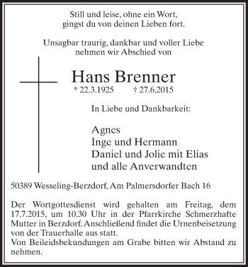 Anzeige von Hans Brenner von  Schlossbote/Werbekurier 