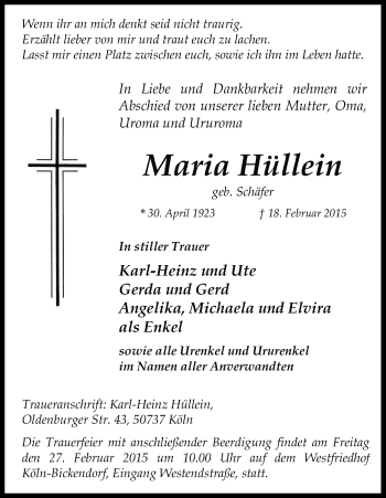 Anzeige von Maria Hüllein von Kölner Stadt-Anzeiger / Kölnische Rundschau / Express