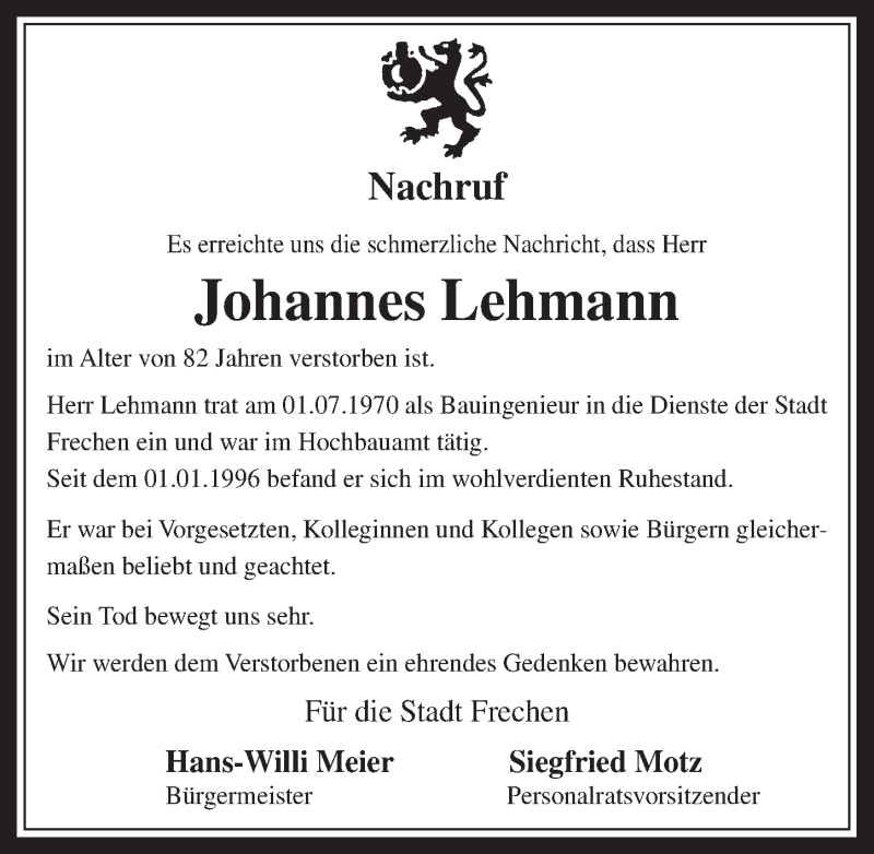  Traueranzeige für Johannes Lehmann vom 10.06.2015 aus  Wochenende 