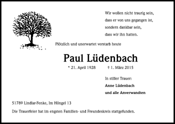 Anzeige von Paul Lüdenbach von Kölner Stadt-Anzeiger / Kölnische Rundschau / Express