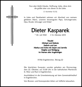 Anzeige von Dieter Kasparek von Kölner Stadt-Anzeiger / Kölnische Rundschau / Express