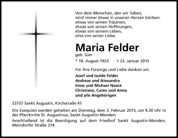 Anzeige von Maria Felder von Kölner Stadt-Anzeiger / Kölnische Rundschau / Express