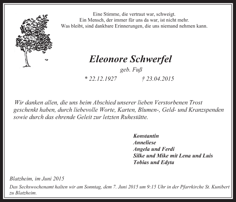  Traueranzeige für Eleonore Schwerfel vom 03.06.2015 aus  Werbepost 