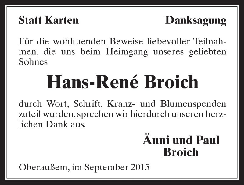  Traueranzeige für Hans-René Broich vom 02.09.2015 aus  Werbepost 
