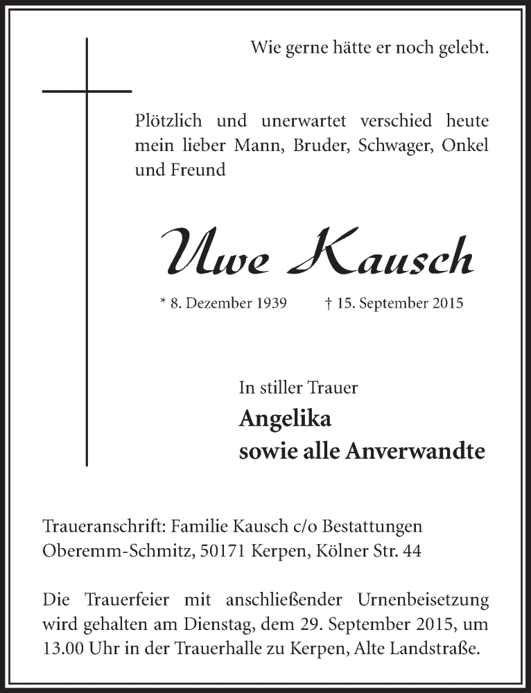  Traueranzeige für Uwe Kausch vom 26.09.2015 aus  Sonntags-Post 